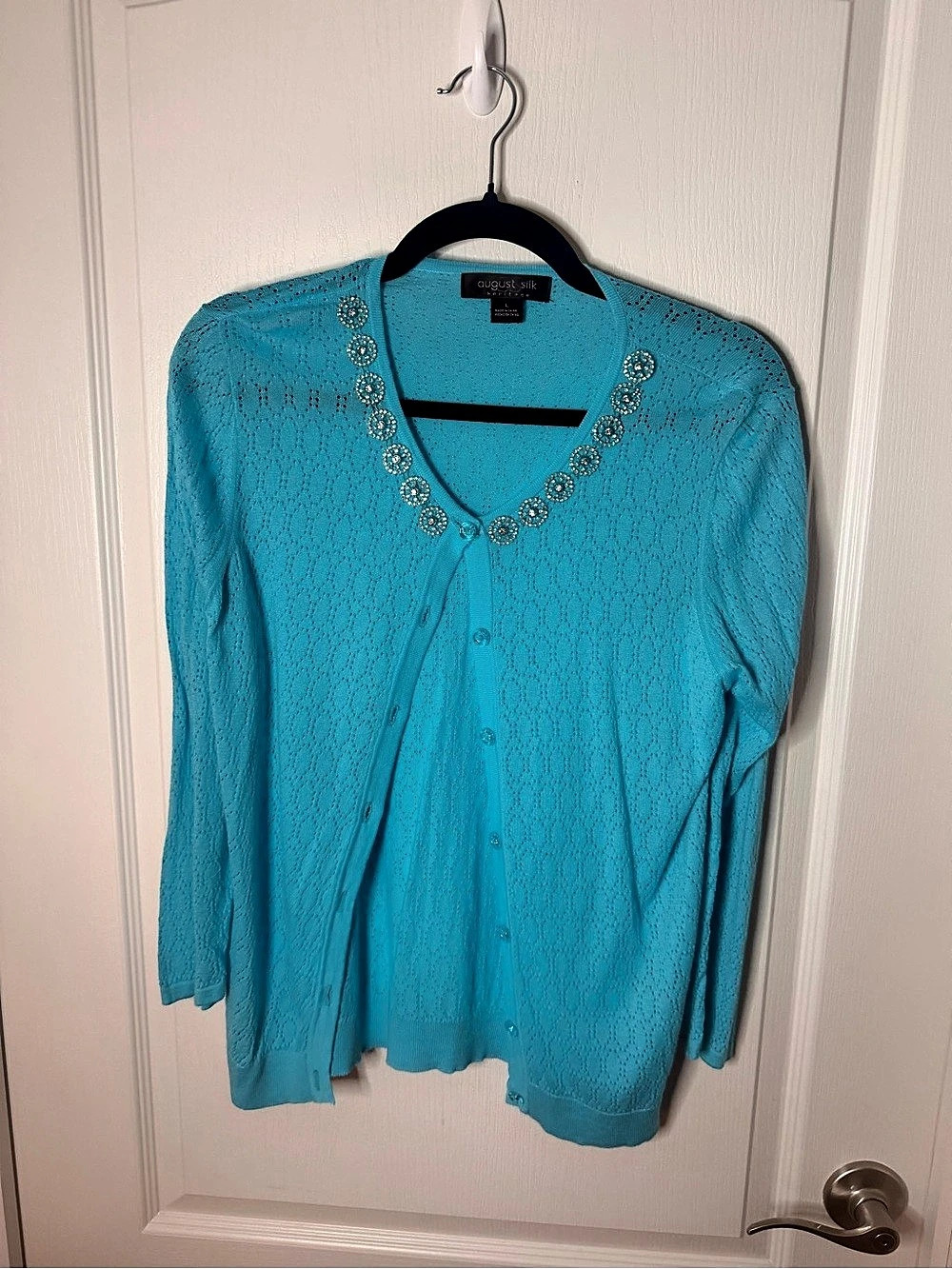 August Silk Embellished Cardigan in Blue Size Medium Like New